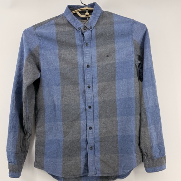 Calvin Klein Mens M Slim Fit Light Flannel Blue Gray Plaid Long Sleeve - Picture 2 of 10